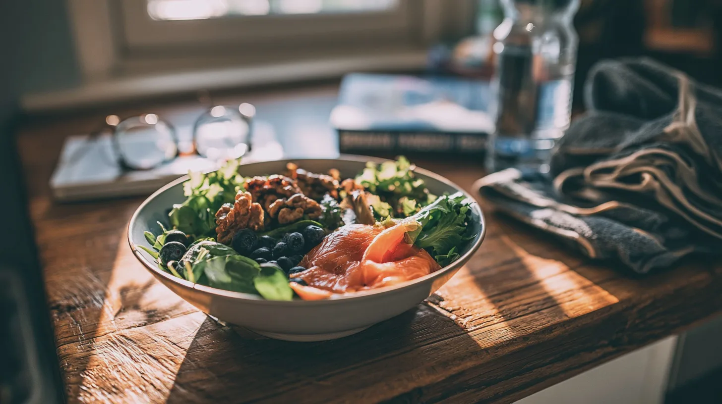 Mat: Sallad, lax, nötter, blåbär, grönsaker, hälsosam kost, näringsrik, hemlagad, fräsch, måltid, bordsdukning.