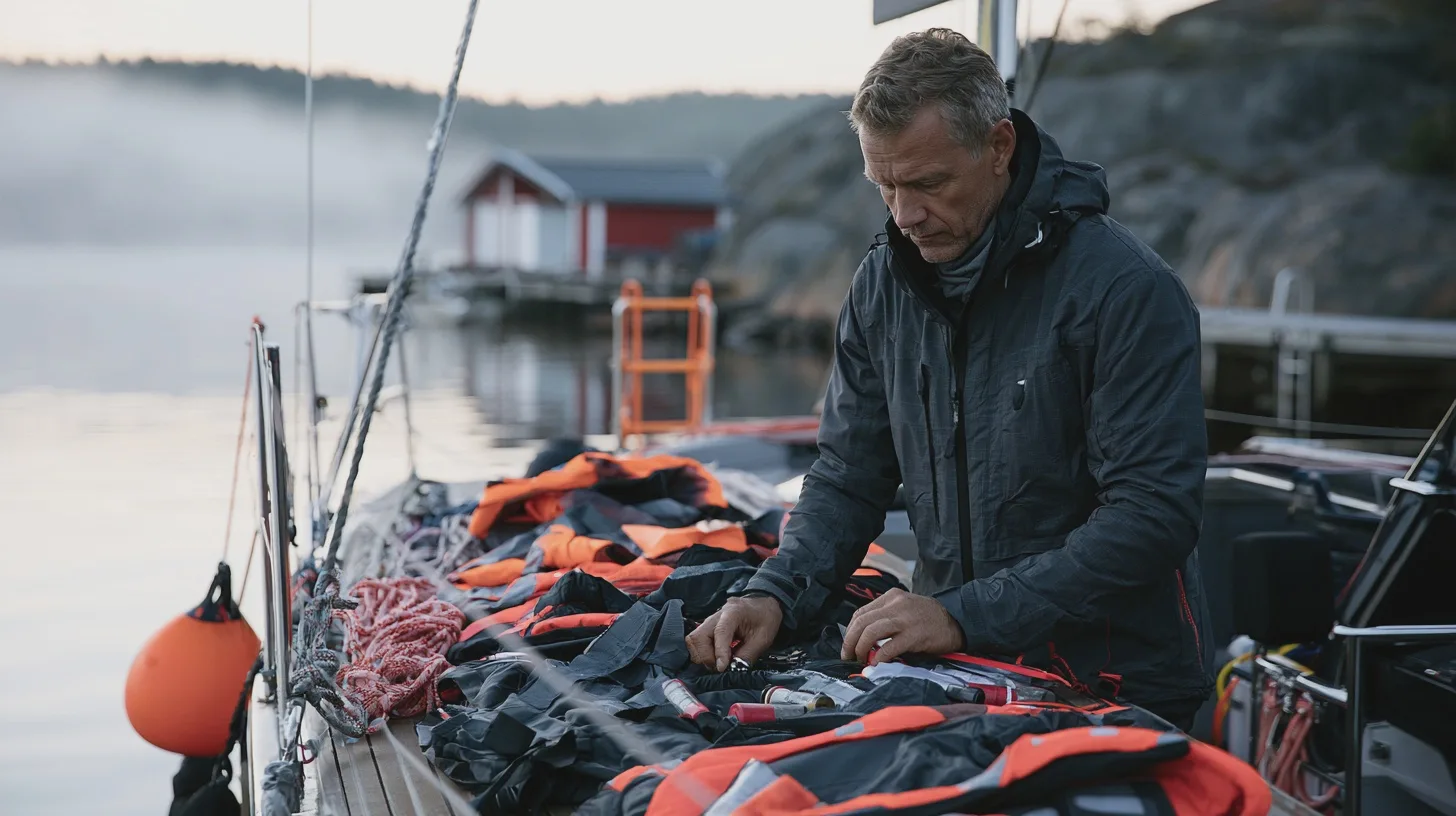 ResaSegling, säkerhet, flytvästar, skärgård, man, båt, natur, förberedelse, äventyr, morgon.