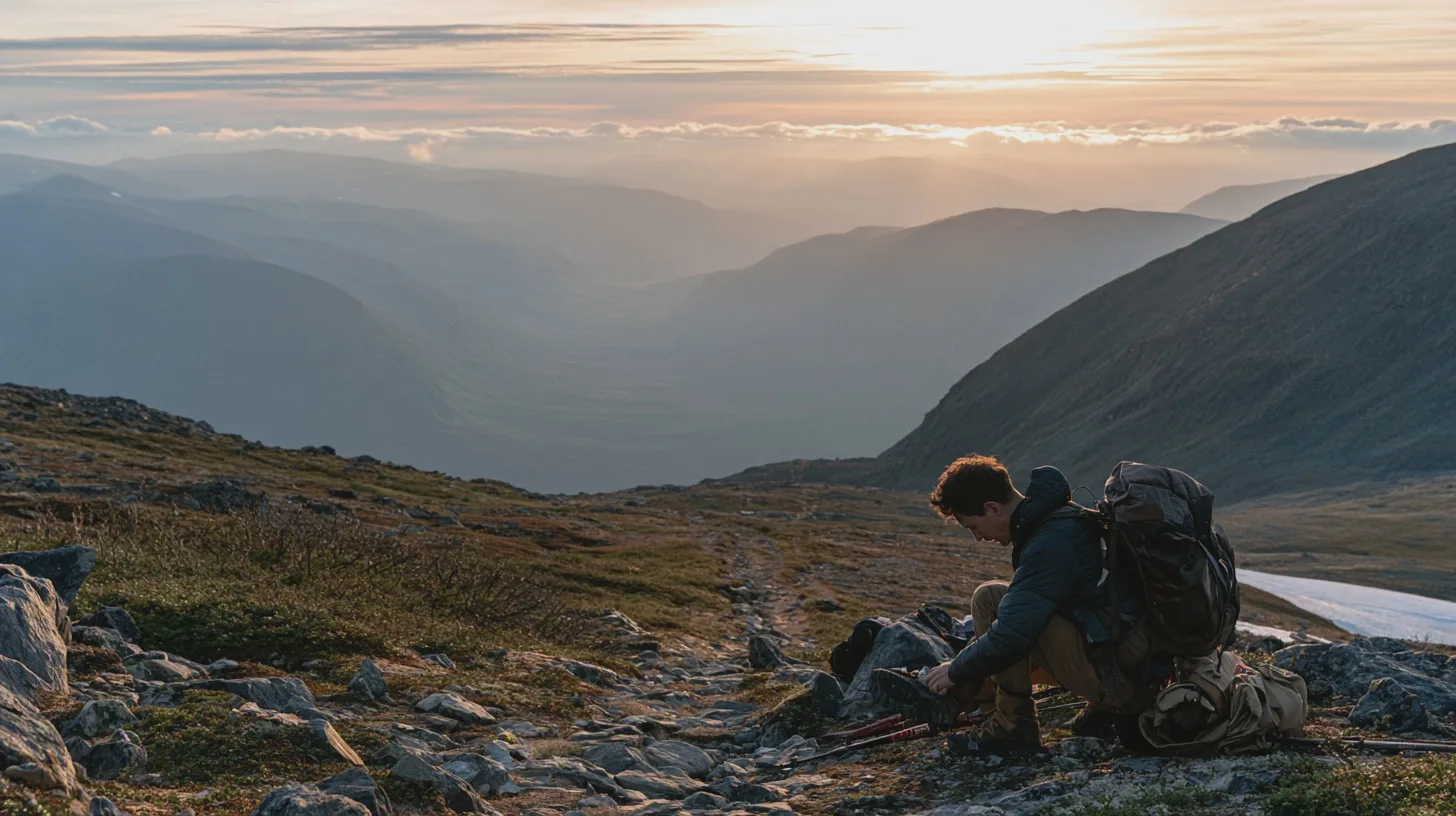 Resa + vandring, natur, solnedgång, fjäll, äventyr, outdoor, trekking, landskap, stigt, packning.