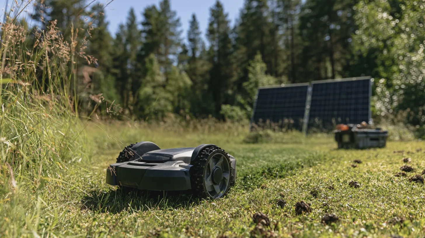 En rafflande berättelse om hur en teknikhungrig fritidshusägare besegrar både sol och lutningar med en robotgräsklippare utan eluttag i närheten.