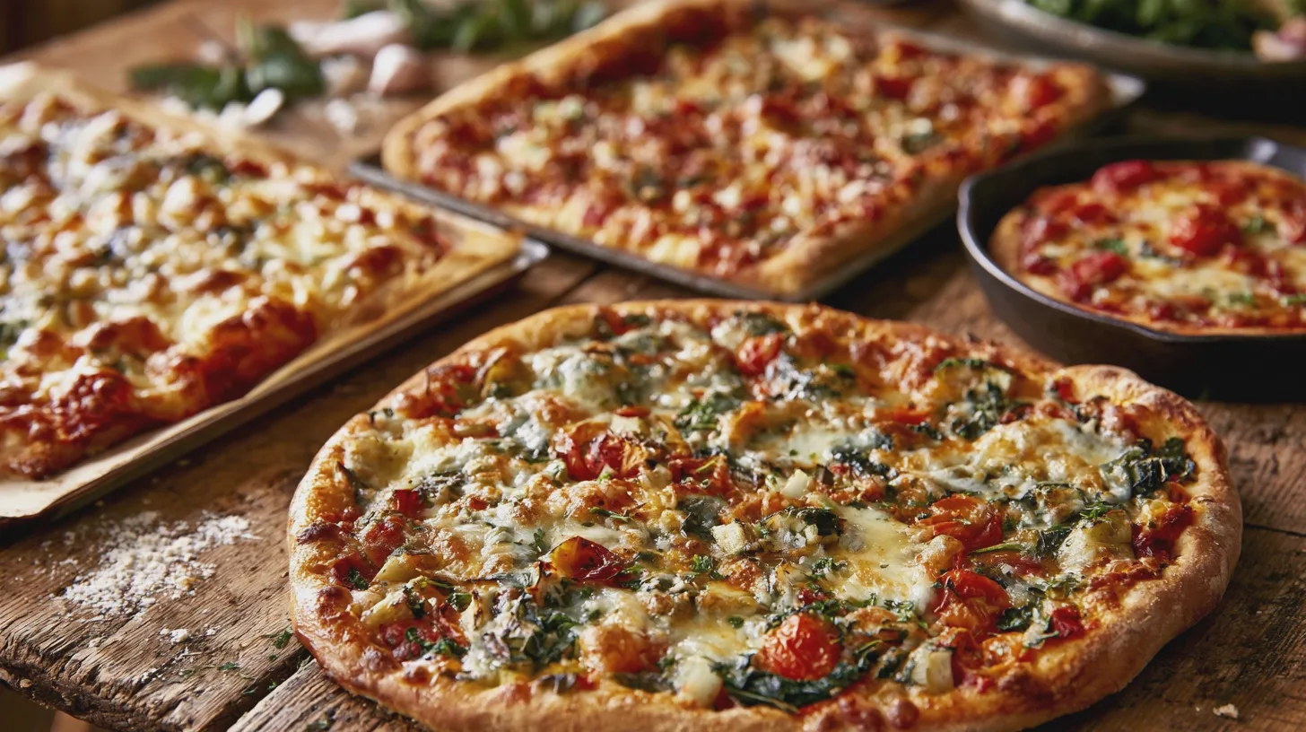 Mat: pizza, färska ingredienser, ost, grönsaker, vitlök, bakverk, italiensk maträtt, festmåltid, hemlagad.
