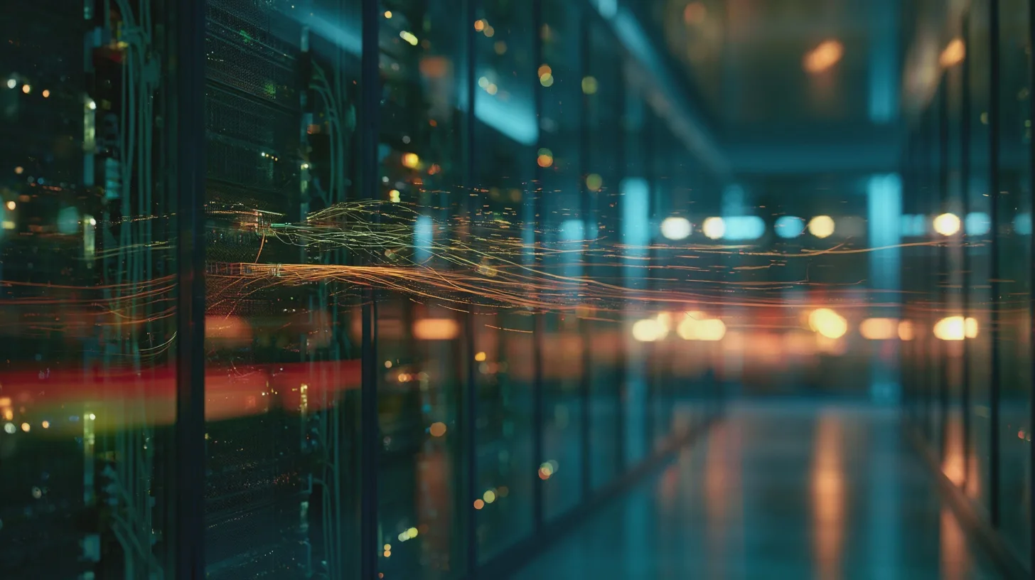 Teknik: datacenter, servrar, nätverkskablar, informationsteknologi, dataöverföring, digitalisering, modern infrastruktur, ljuseffekter.