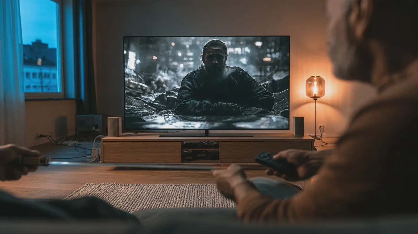 Underhållning: TV, film, skådespelare, dramatisk scen, mörk miljö, avkoppling, soffhäng, hemma aktiviteter.