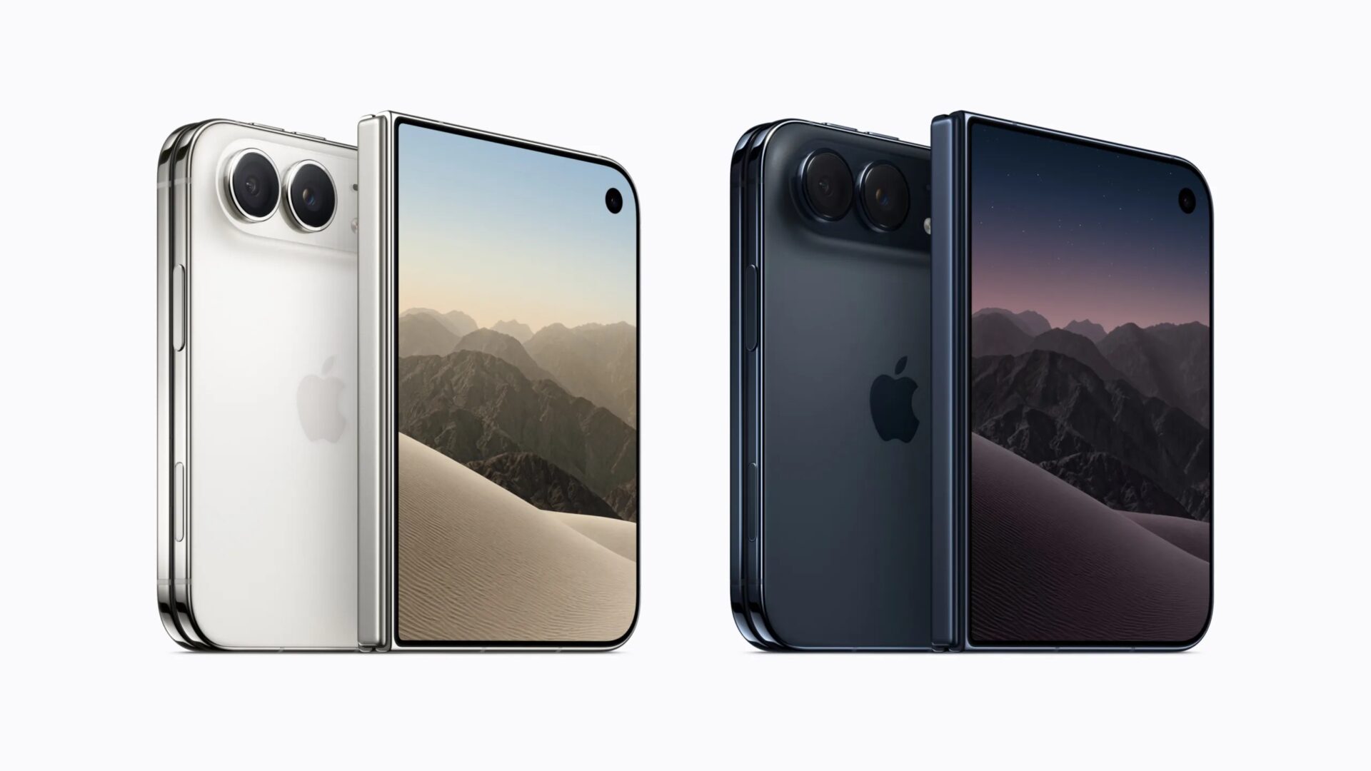 Teknik: Fällbar smartphone, modern design, högupplöst skärm, Apple, innovation, dubbla kameror, eleganta färger.
