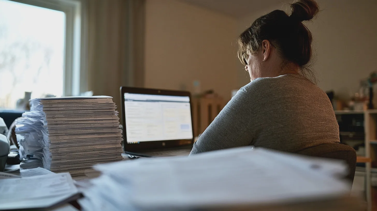 Samhälle: Arbete hemifrån, pappersarbete, kvinna vid dator, kontorsmiljö, administrativa uppgifter, ökad arbetsbelastning.