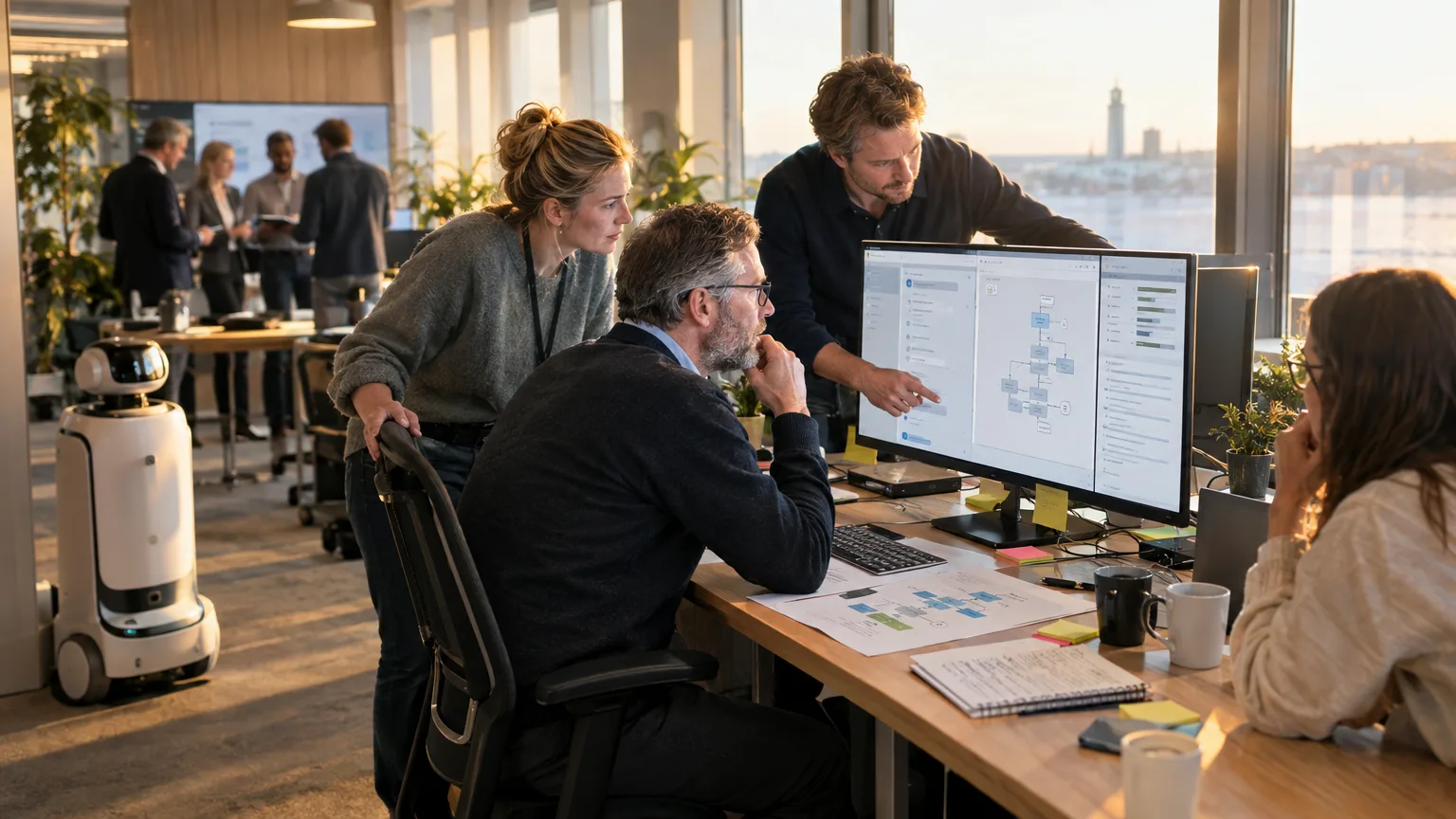 Teknik: Kontorsmiljö, samarbete, skärm, digital presentation, robotassistent, möte, kreativt arbete, strategisk planering.
