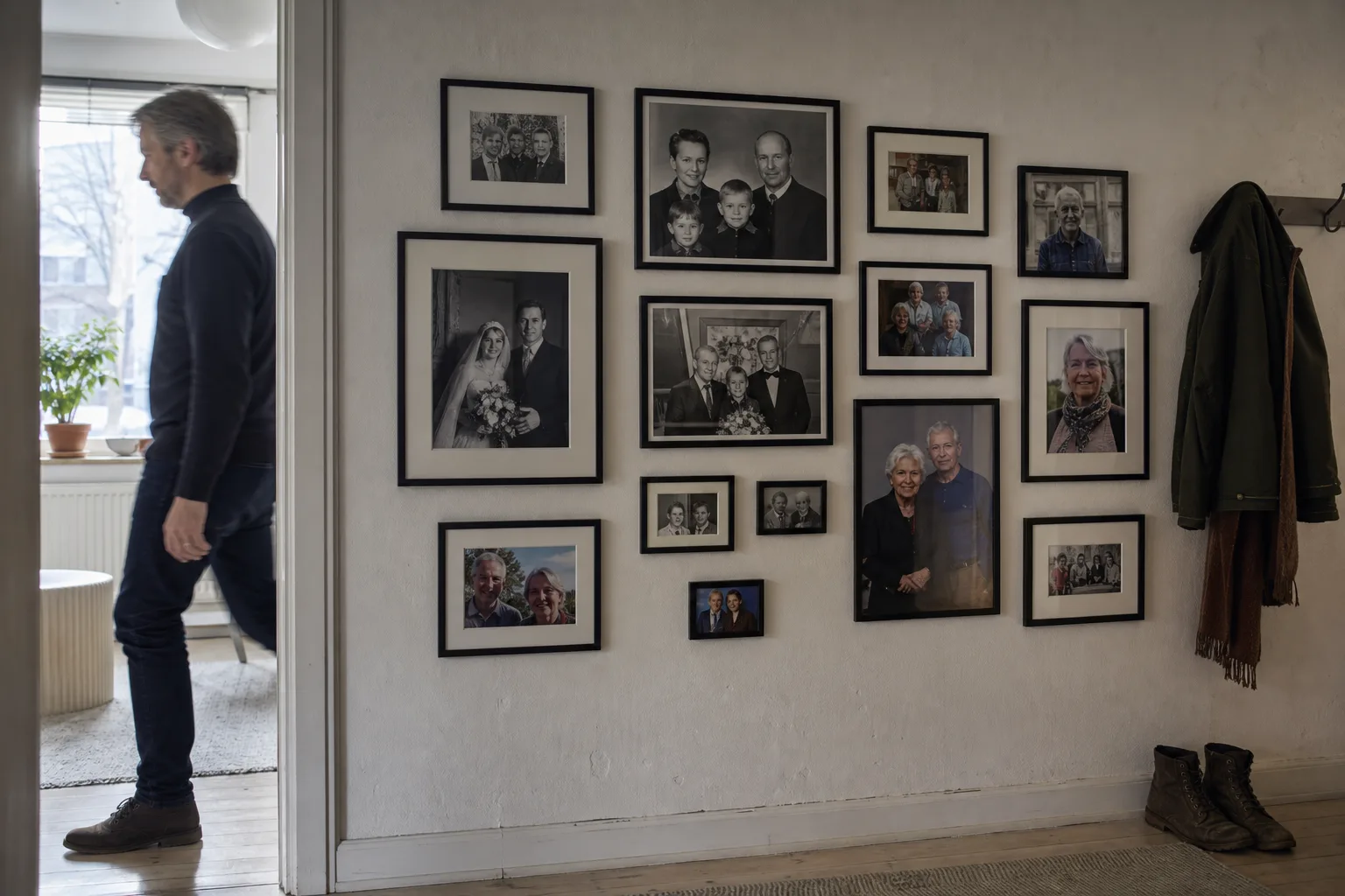 Samhälle: Familjebilder, hem, fotovägg, släkt, minnen, inredning, interiör, personer, relationer.