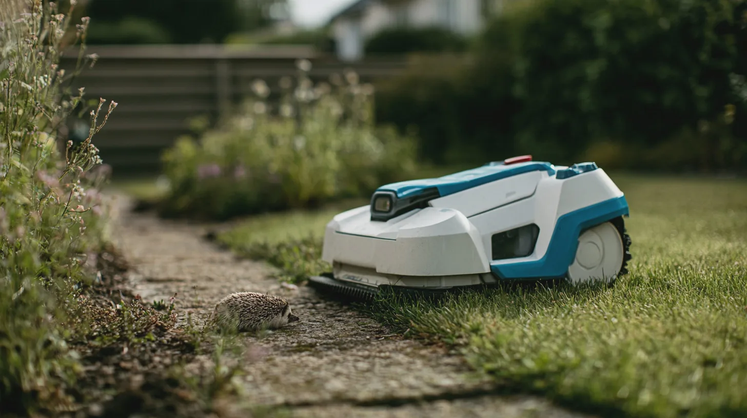 Samhälle: robotgräsklippare, igelkott, trädgård, landskapsdesign, grönska, djur och teknologi, ekologisk balans.