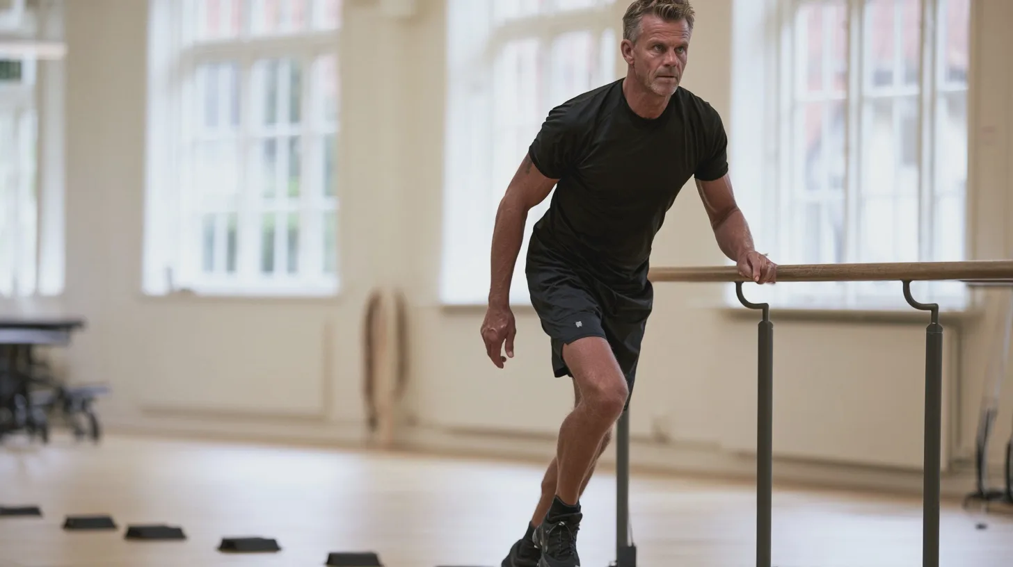Sport: man som tränar, balettbar, inomhus träning, fitness, rörelse, muskelstyrka, fysisk aktivitet