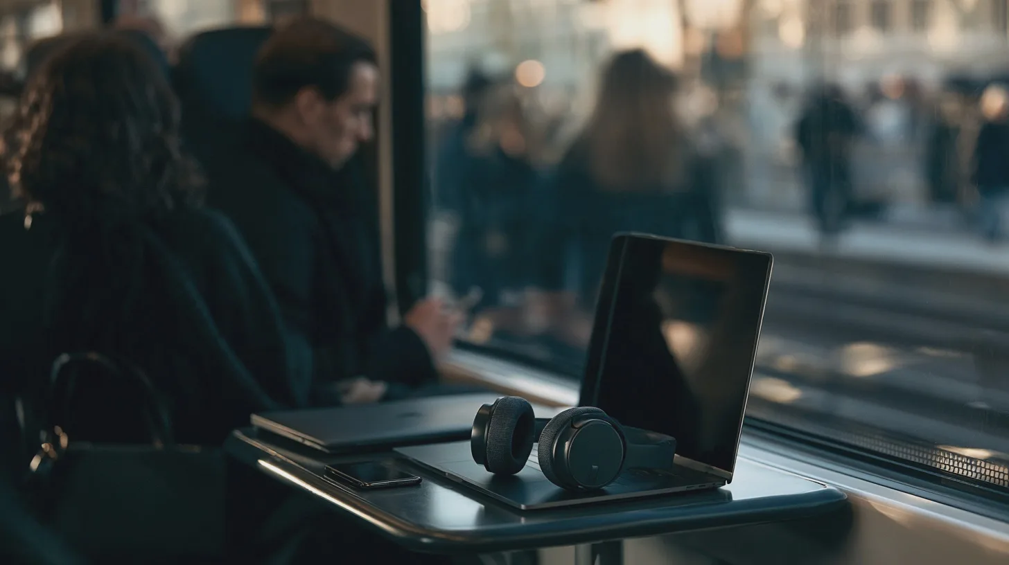 Teknik: laptop, hörlurar, smartphone, tåginteriör, pendling, digital arbetsmiljö, modern teknik, stadsmiljö, resande.