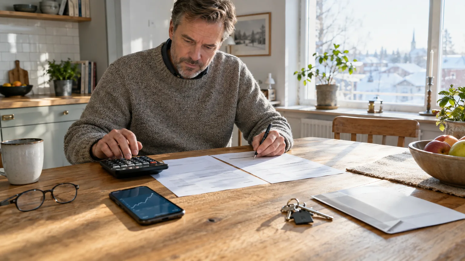 Ekonomi: budgetering, man med kalkylator, pappersdokument, mobiltelefon, hemarbete, dagsljus, fokus på siffror, kaffekopp.