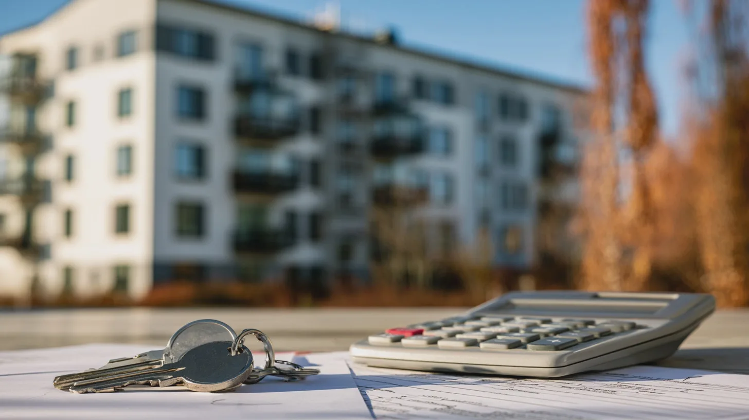 Ekonomi + nycklar, kalkylator, bostad, fastighetsköp, dokument, finansiering, investeringar, hemkänsla, planering, nycklar till framtiden.