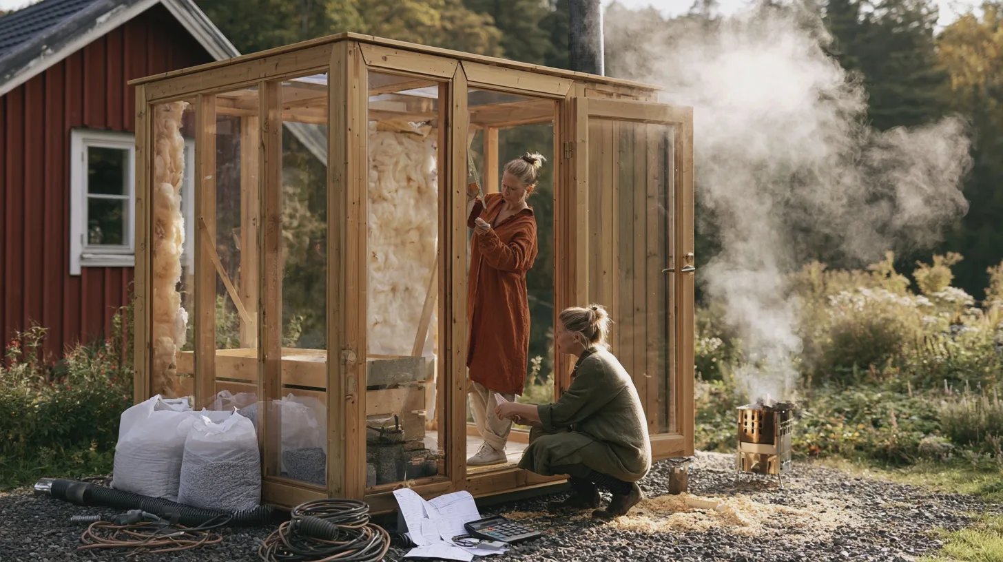 Samhälle: Hantverksarbete, kvinnor bygger, träkonstruktion, självhushållning, renovering, utomhusmiljö, handverktyg, isolering, bastu.