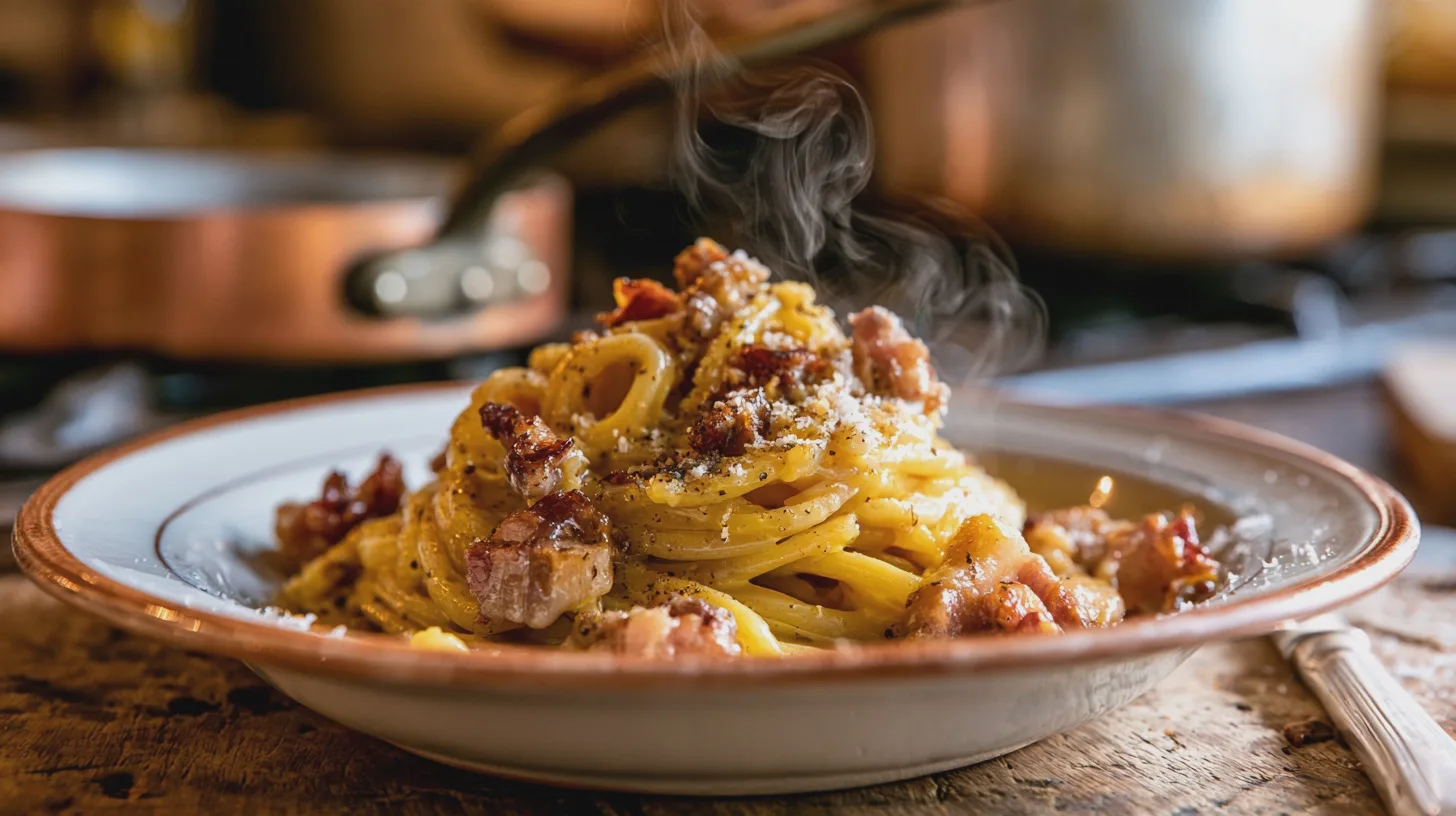 Mat: pasta, carbonara, bacon, rykande, aromatisk, italiensk rätt, hemlagad, tallrik, rustik miljö.