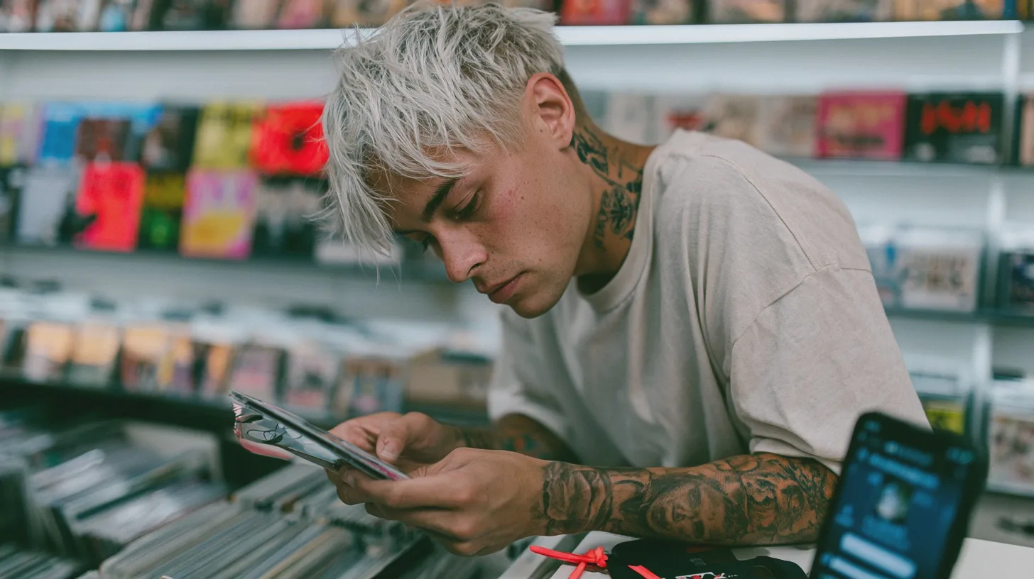 Underhållning: musik, man med tatueringar, skivbutik, album, vinylskivor, intresserad, ungdomskultur.