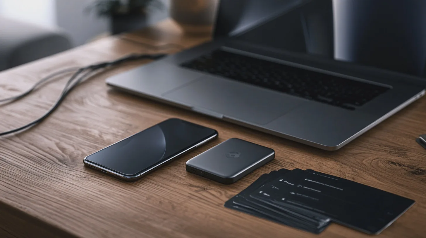 Teknik: smartphones, laptop, USB-kablar, accessoarer, arbetsyta, modern design, elektronik, digitala verktyg, funktionalitet.