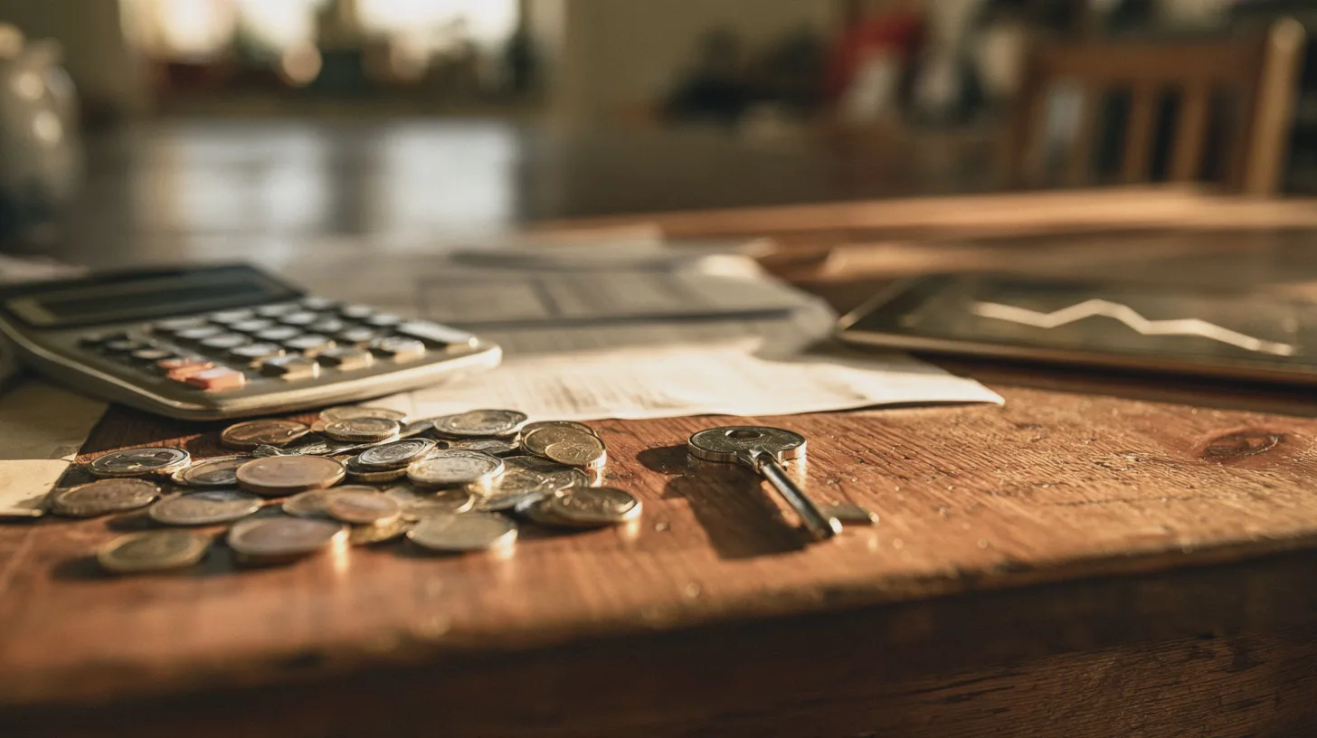 Ekonomi: mynt, kalkylator, finansiella dokument, nyckel, kontorsmiljö, budgetering, investeringar, ekonomi.