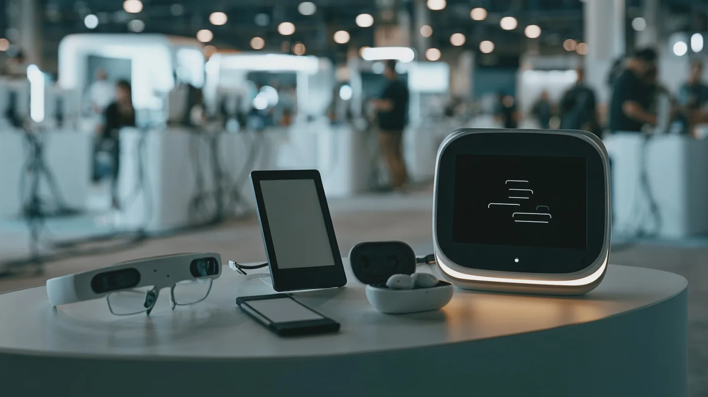 Teknik: smarta enheter, digitala hörlurar, skärmar, modern design, elektronikmässa, interaktiv teknik, framtidsinnovationer, gadgets.