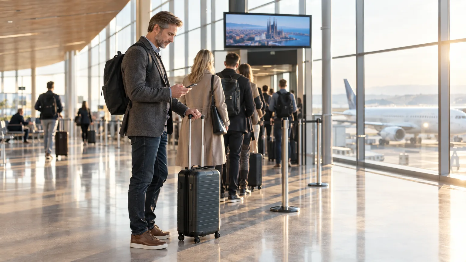 Resa: flygplats, resenärer, väntande, bagage, smartphone, boarding, terminal, passagerare, affärsresa, utcheckning