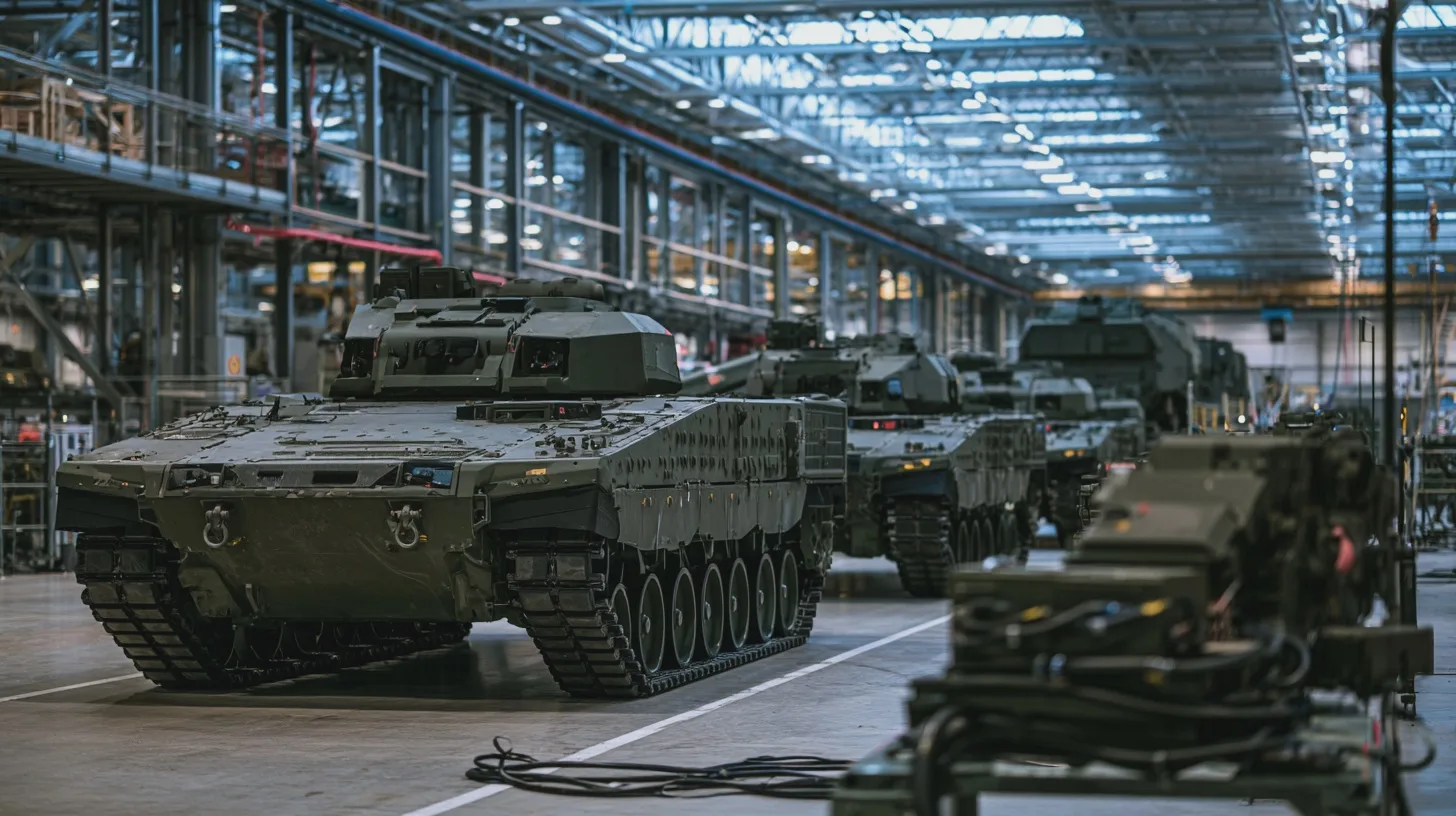 Teknik + pansarvagnar, tillverkning, industri, militärteknik, försvarsindustri, fabrik, modernisering, innovation, transport, mekanik.