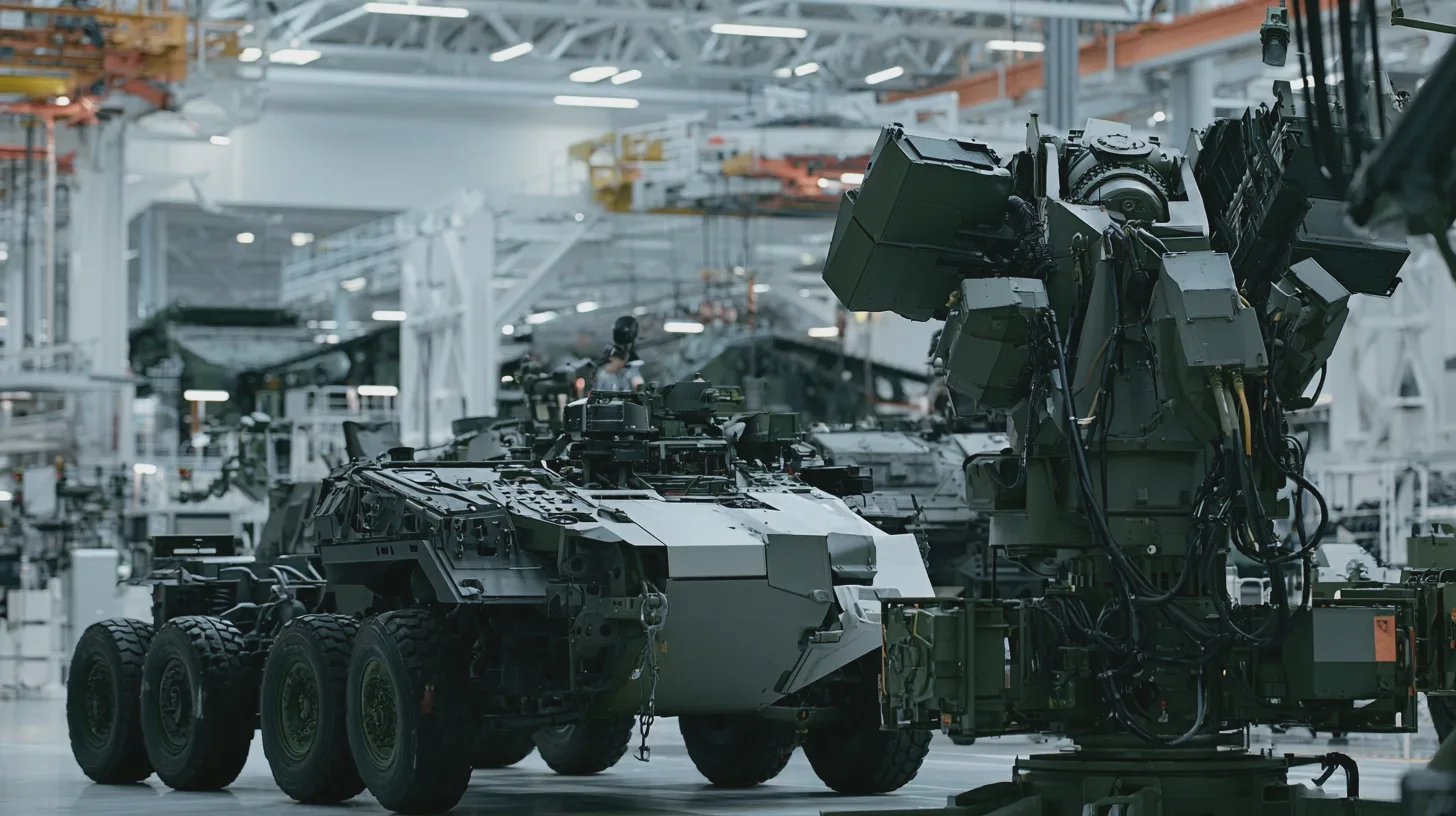 Teknik + militärfordon, industriell tillverkning, teknikinnovation, produktionslinje, avancerad teknologi, försvarsindustri, mekanik.
