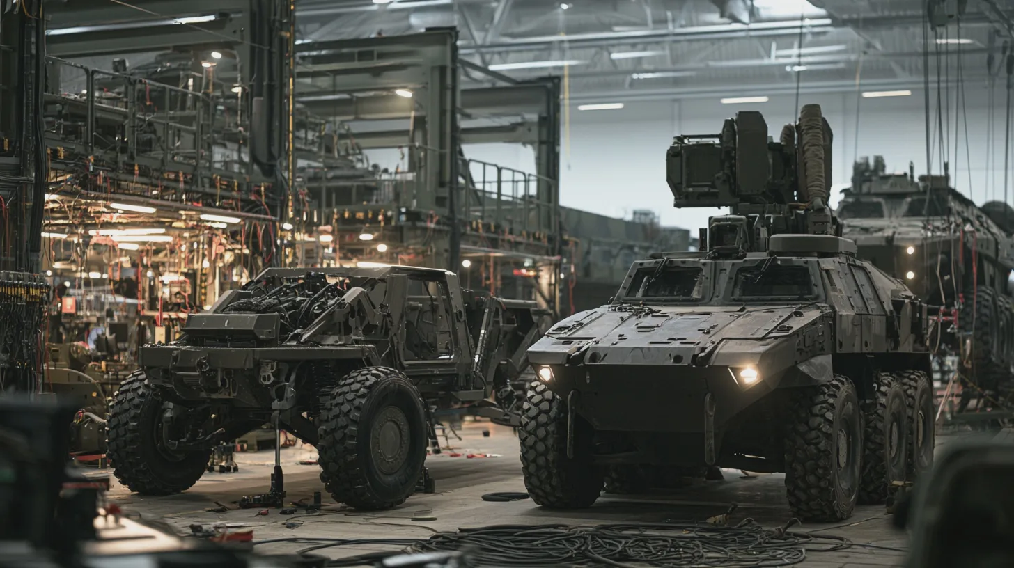 Teknik + militärfordon, verkstad, underhåll, teknologi, mekanik, industri, säkerhet, försvar, konstruktion.