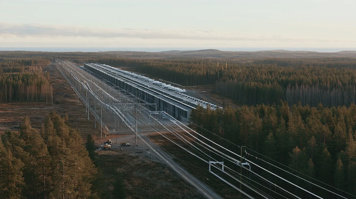 Teknik: högteknologisk anläggning, datacenter, kraftledningar, skogsmiljö, infrastruktur, modern arkitektur, energiförsörjning, hållbarhet.