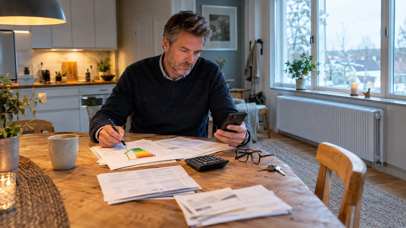 Ekonomi: hushållsbudget, räkningar, kalkylator, skrivande, smartphone, hemkontor, ekonomisk planering, man i fokus, inomhusmiljö, växter, skriftligt arbete.