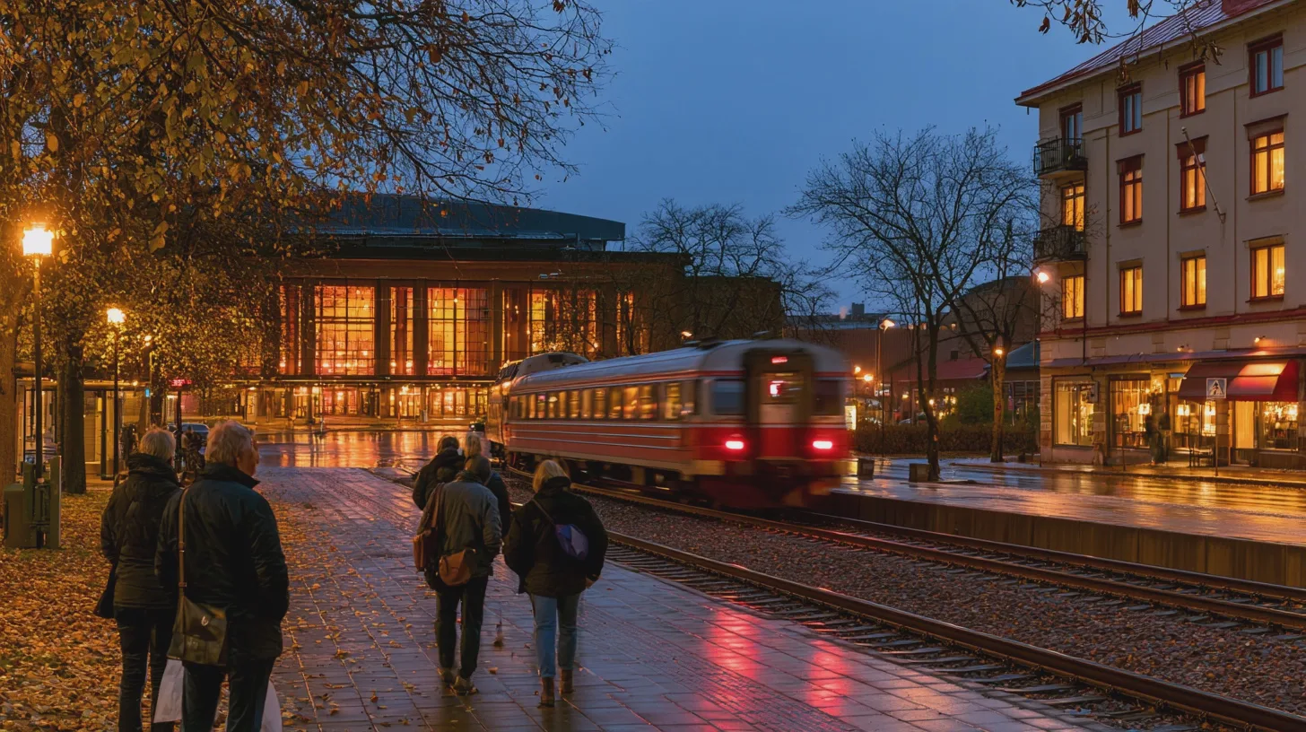 Resa: tåg, station, människor, kväll, reflektioner, belysning, träd, stadsmiljö, regn, promenad.