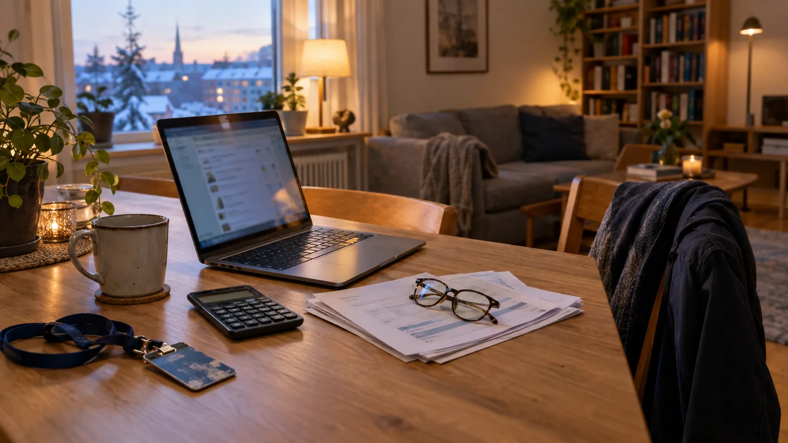 Samhälle: Hemmakontor, dator, papper, glasögon, kaffekopp, växter, stämning, vinterutsikt, inredning.
