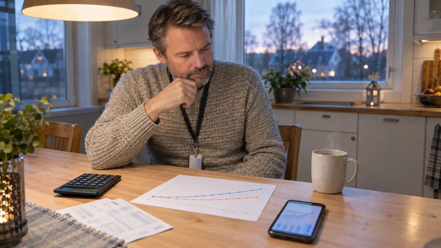 Ekonomi: analys, diagram, budget, kalkylator, arbete hemifrån, beslut, ekonomi, planering, man.