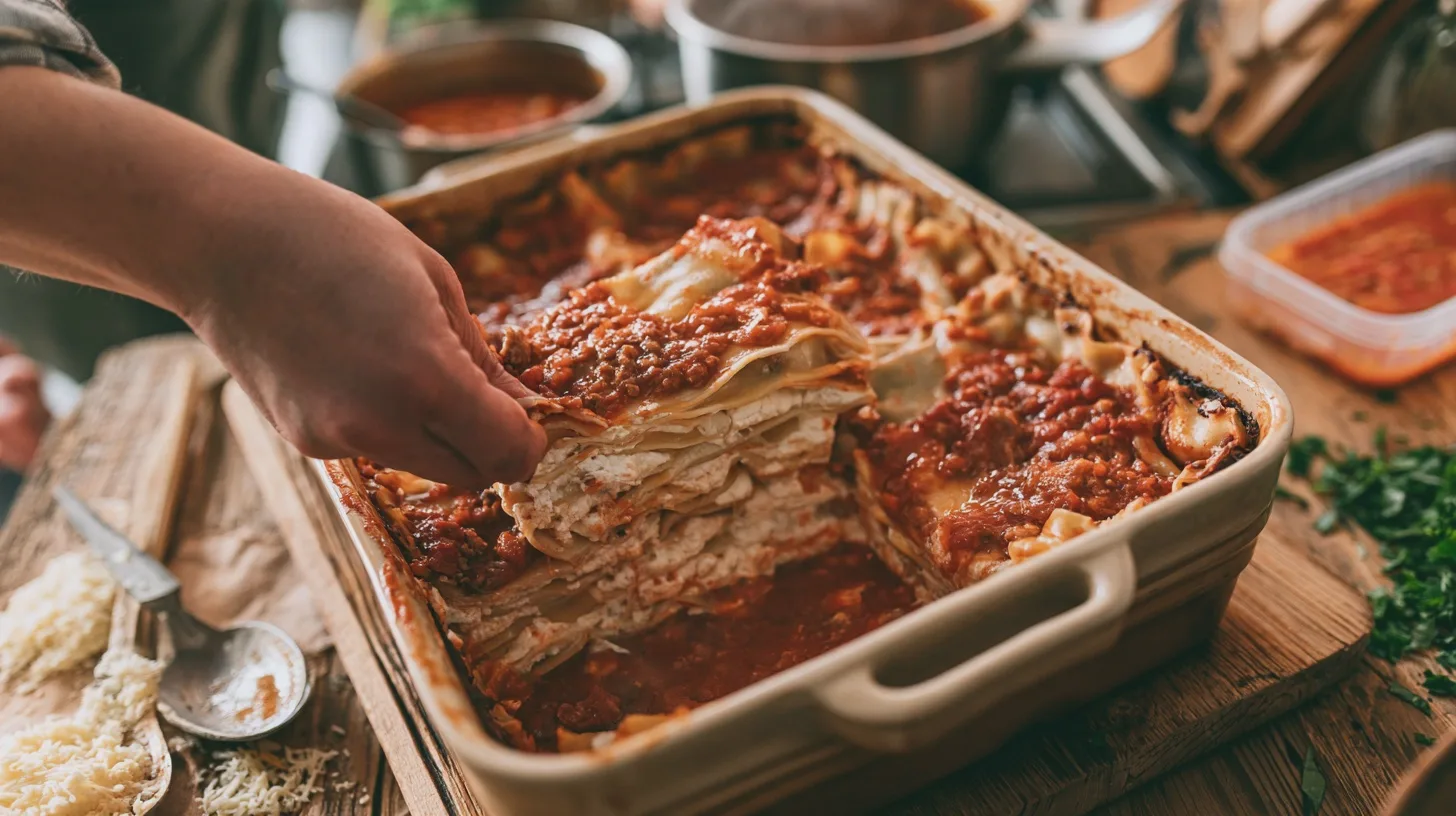 Mat: lasagne, köttfärssås, ost, hemlagat, matlagning, servering, kök, ingredienser, maträtt, familjemåltid
