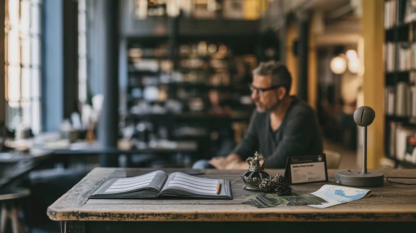 Samhälle: Kafé, bokhylla, man, skrivbord, anteckningsbok, avkoppling, kreativ miljö, studier, arbete.