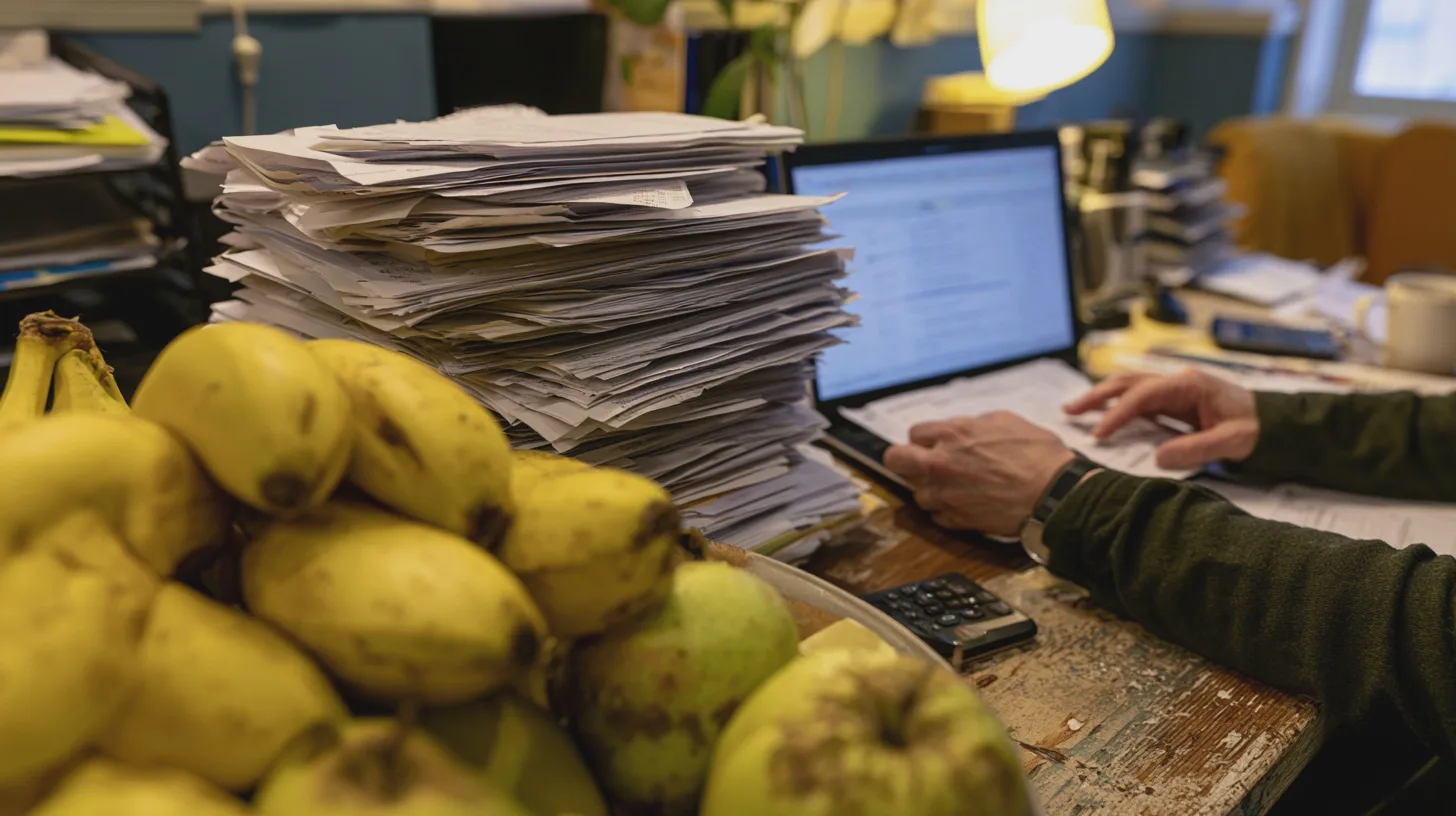 Samhälle: arbetsyta, pappersarbete, frukt, dator, mänsklig aktivitet, kontorsmiljö, skriven dokument, stress, multitasking.