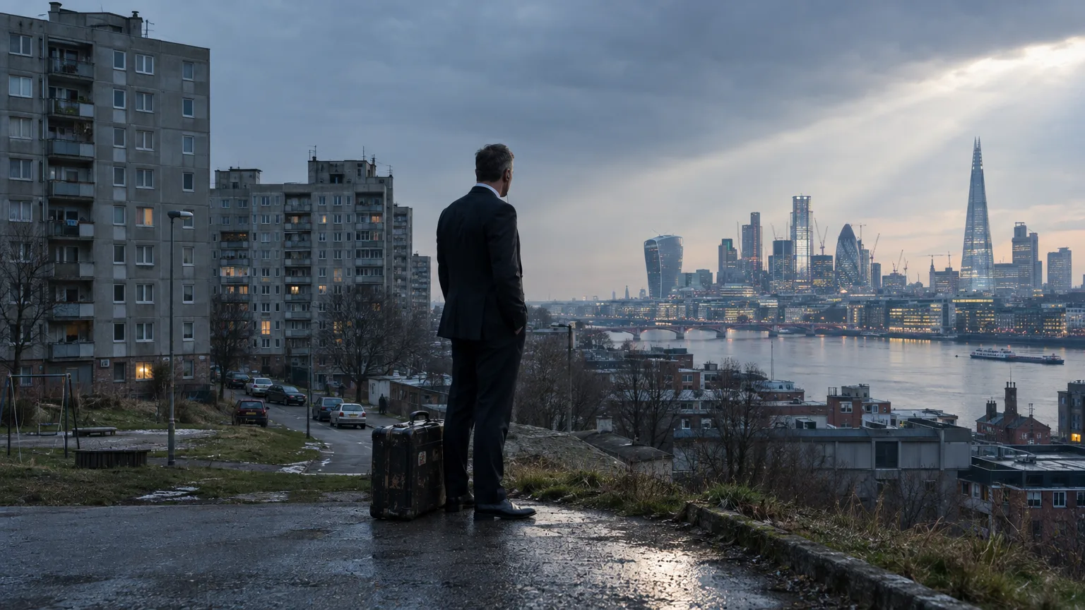 Samhälle: man i kostym, stadslandskap, flod, byggnader, affärsliv, resor, urban miljö, reflektioner, framtid.