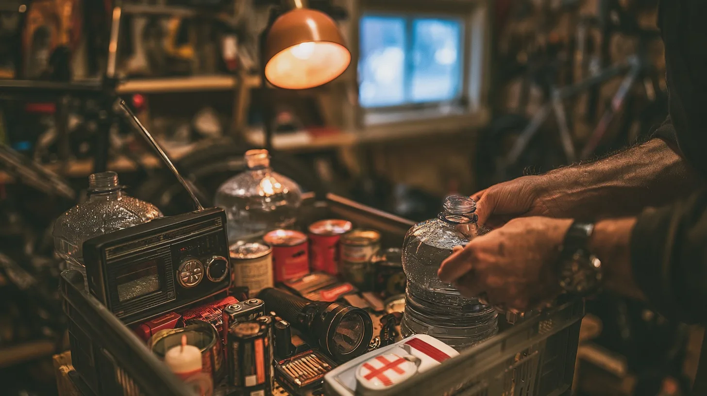 Samhälle: verktyg, förberedelser, överlevnad, belysning, flaskor, hobbyrum, nödutrustning, förvaring, candles, radio, cyklar, organiserat.