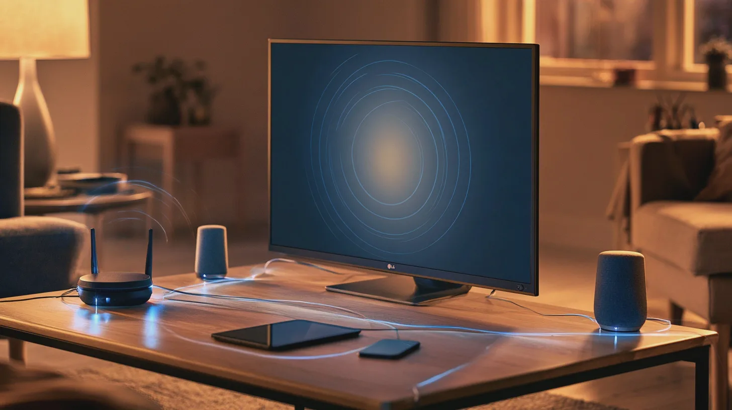 Teknik: Smart-tv, ljudsystem, trådlös router, modern inredning, hemmakontor, elektroniska enheter.