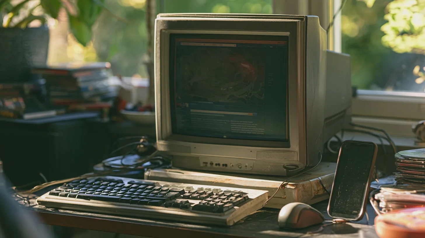 Kategori: TeknikNyckelord: gammal dator, skärm, tangentbord, kontor, teknologi, retro, kabelhäng, arbetsplats, data, vintage.