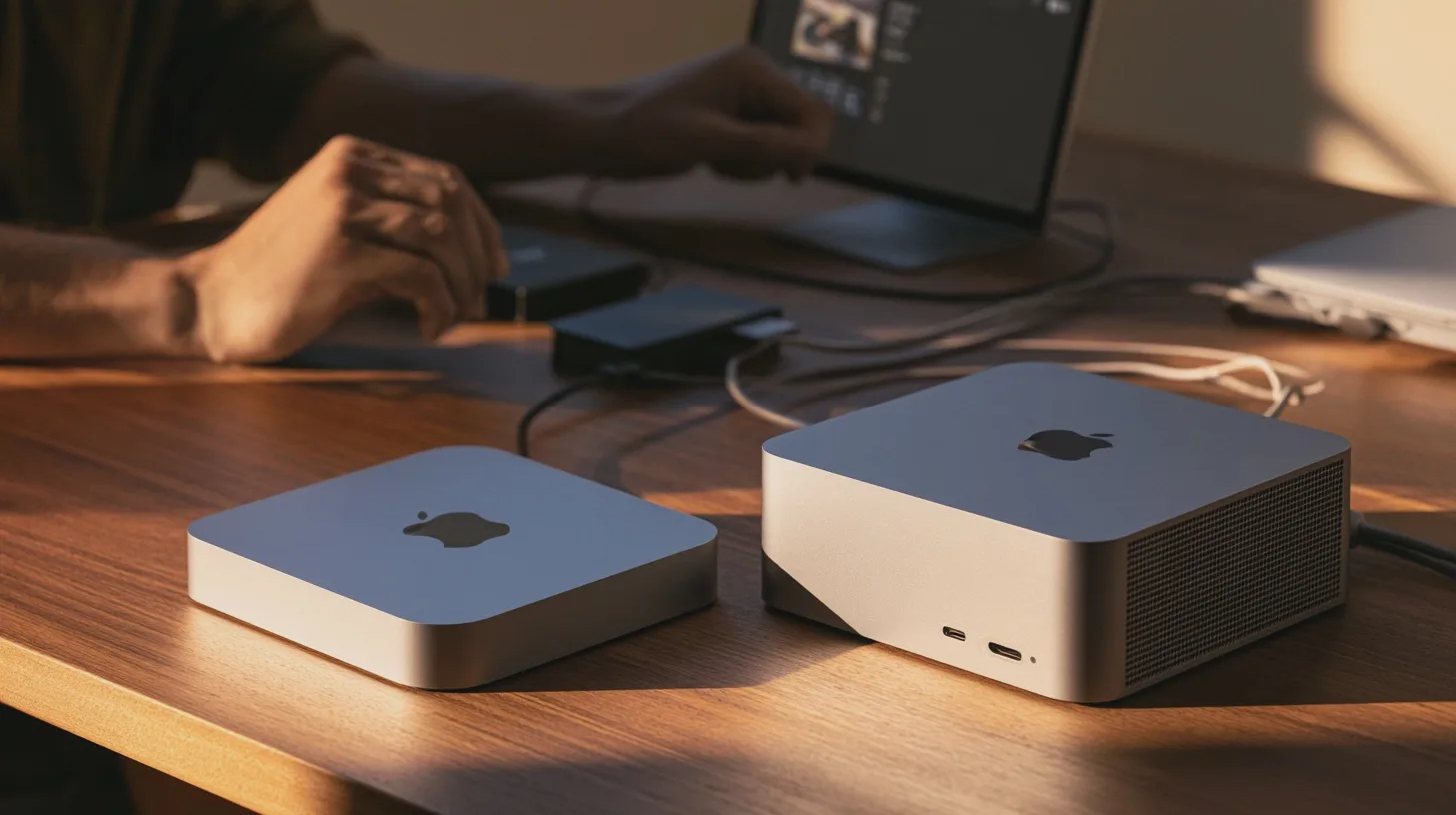 Teknik: datorer, Apple, Mac mini, skrivbordsmiljö, teknikprodukter, arbetsplats, industriell design, kablar, användare.