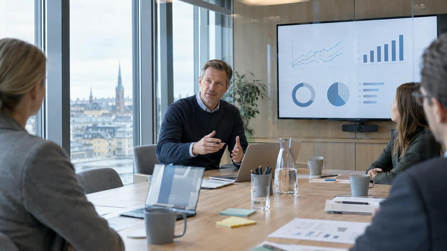Ekonomi: möte, presentation, affärsplan, statistik, analys, ledarskap, strategisk planering, affärsresultat, kontorsmiljö, teamarbete.