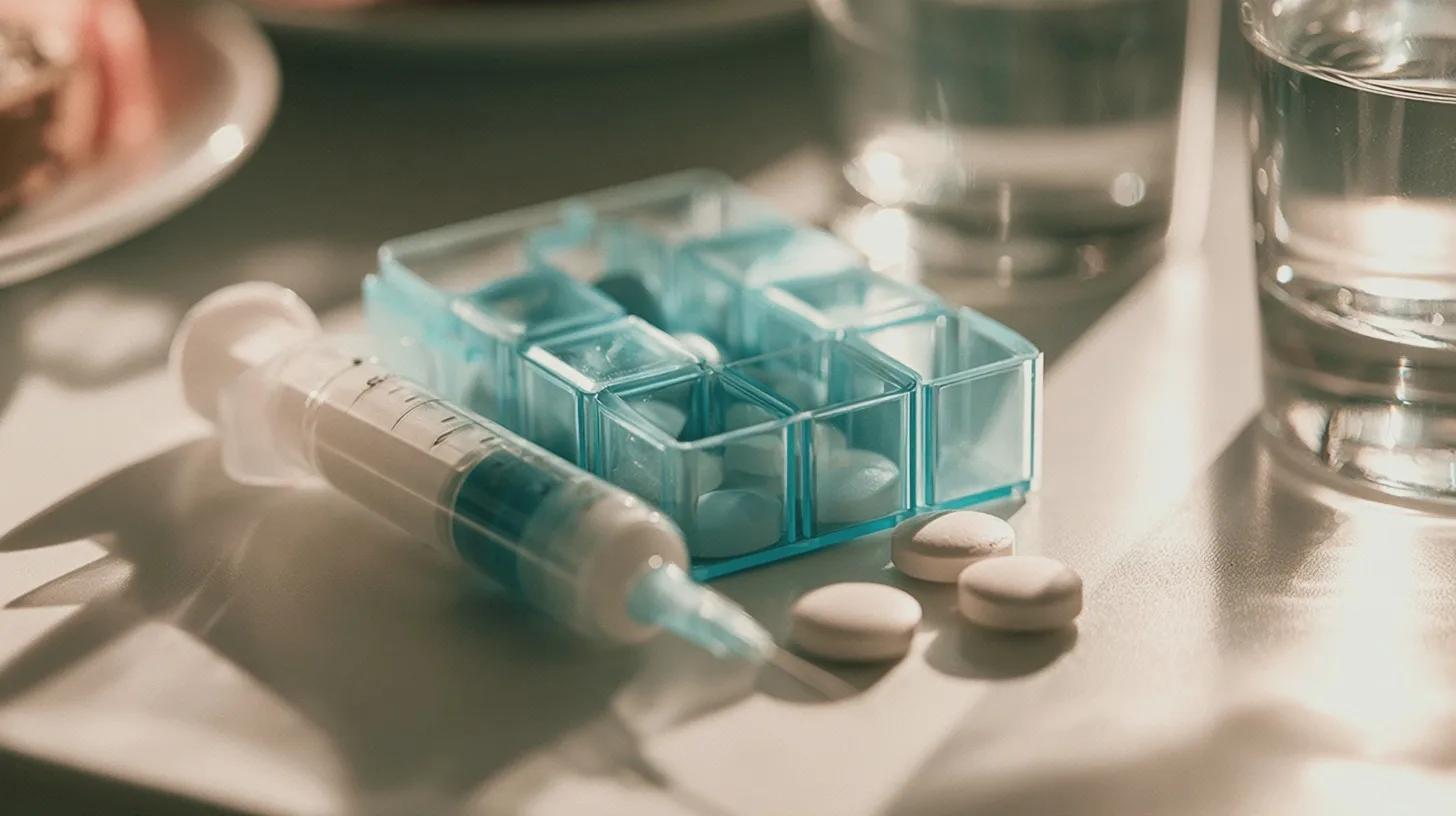 Hälsa: läkemedel, tabletter, spruta, medicineringslåda, glas med vatten, hälsovård, medicinhantering, sjukdomsbehandling