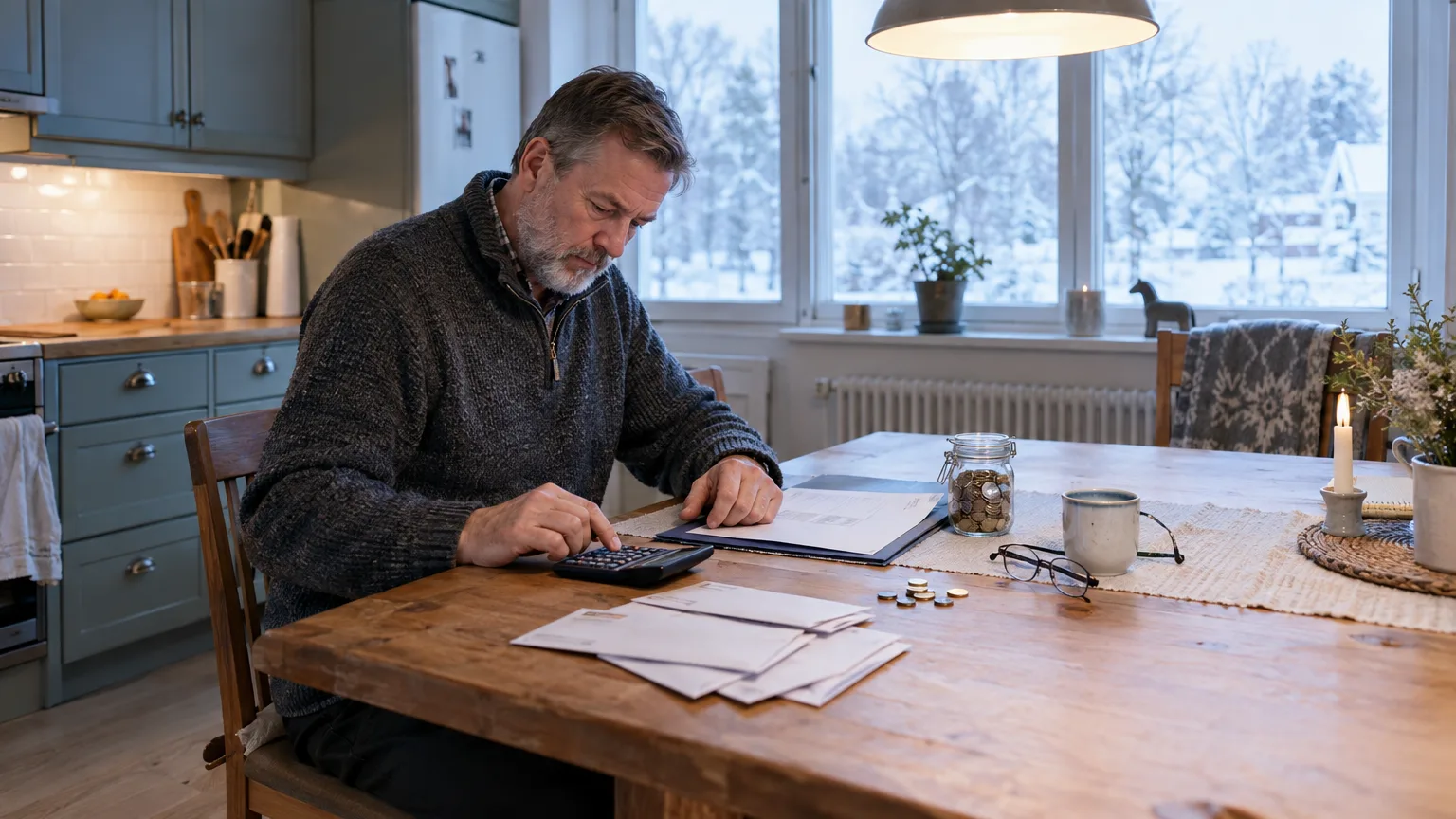 Ekonomi: man, kalkylator, räkning, hem, vinterlandskap, papper, pengar, personligt, arbete, fokus, sittande, hemmet.