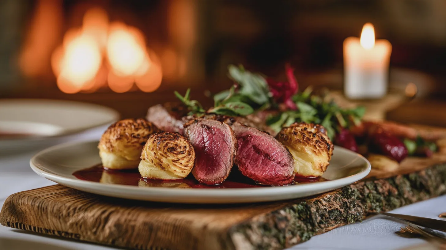 Mat: fin oxfilé, rostad potatis, rödvinssås, grönsallad, mysig atmosfär, loge, elegant presentation.