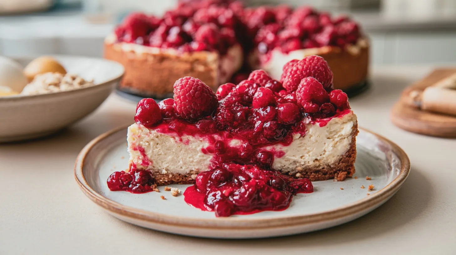 Mat: cheesecake, hallon, bärsås, dessert, bakverk, krämig, söt, ugnsbakad, fika, frukost, bakning, läckerhet, nyttiga ingredienser.