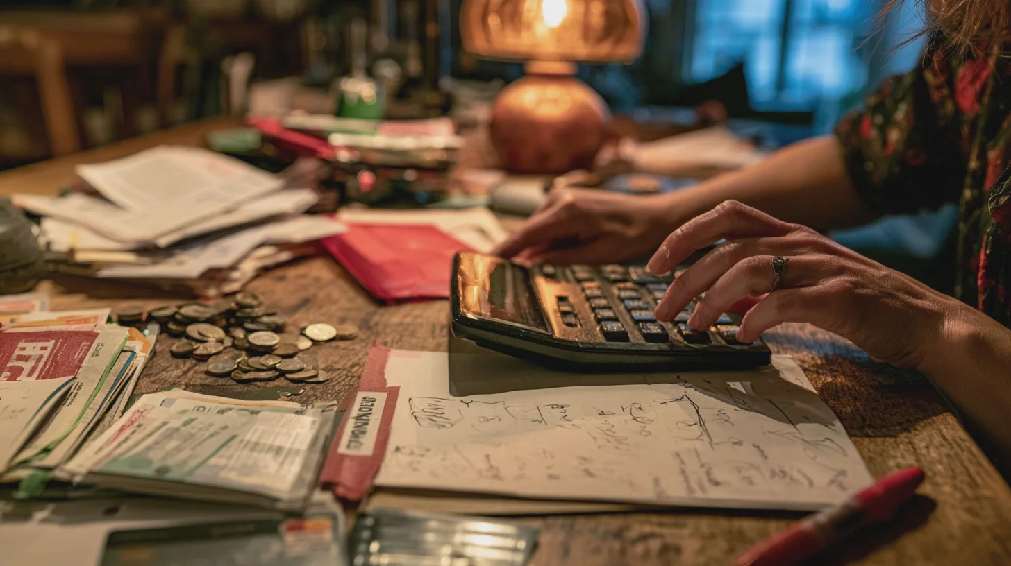 Ekonomi: räkning, budgetering, kontanter, papper, kalkylator, kvinna, hushållsekononomi, finansiell planering, anteckningar, mynt.