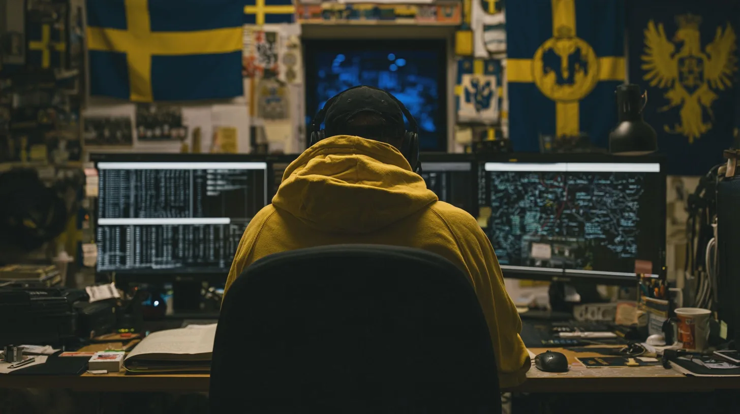 Teknik: programmering, datorer, kodning, teknikmiljö, gaming, svart och gul, svensk flagga, hemmaanvändare, multitasking.