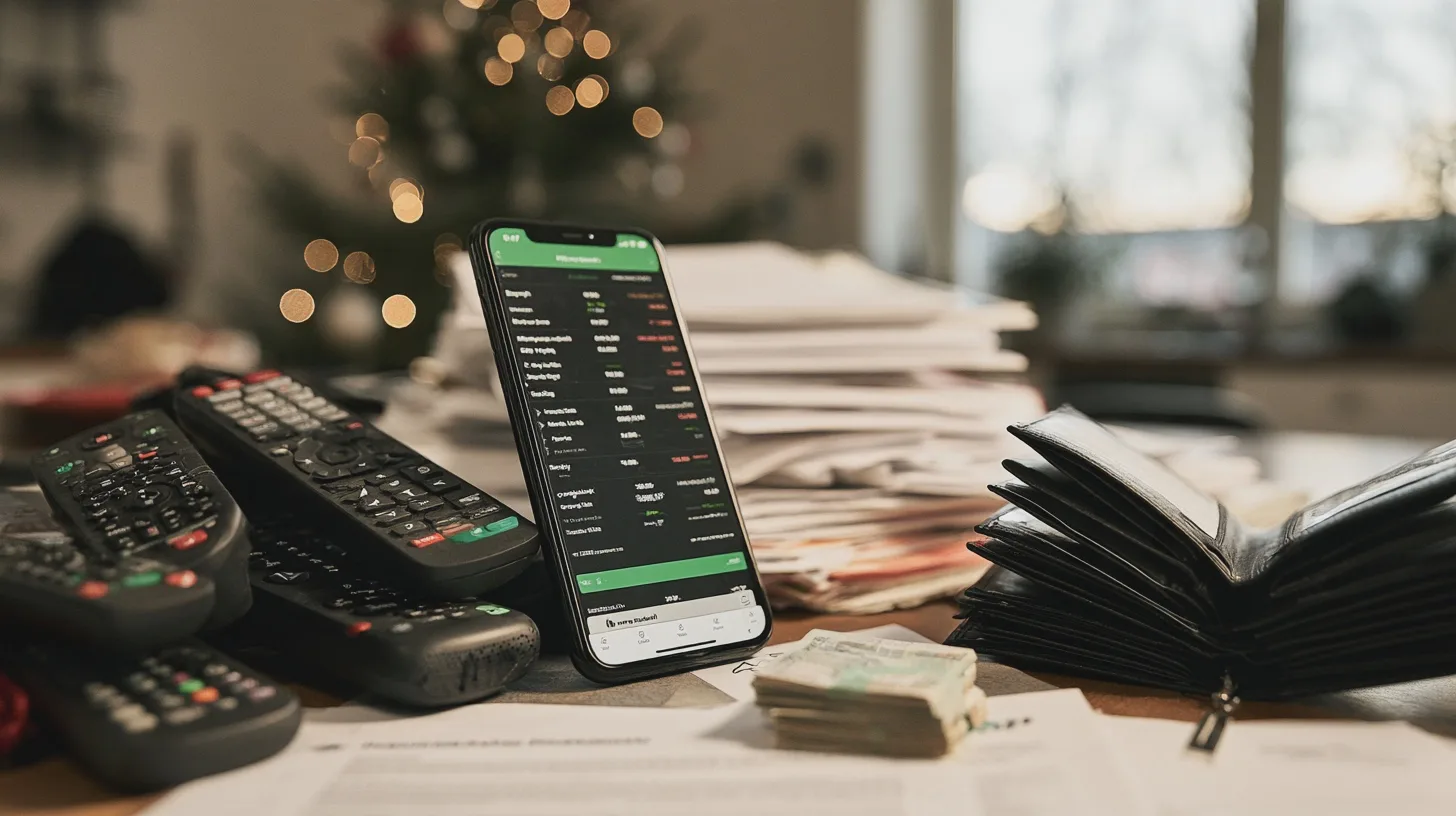 Ekonomi: aktier, mobiltelefon, kontanter, papper, ekonomisk översikt, fjärrkontroller, heminredning, organisation.