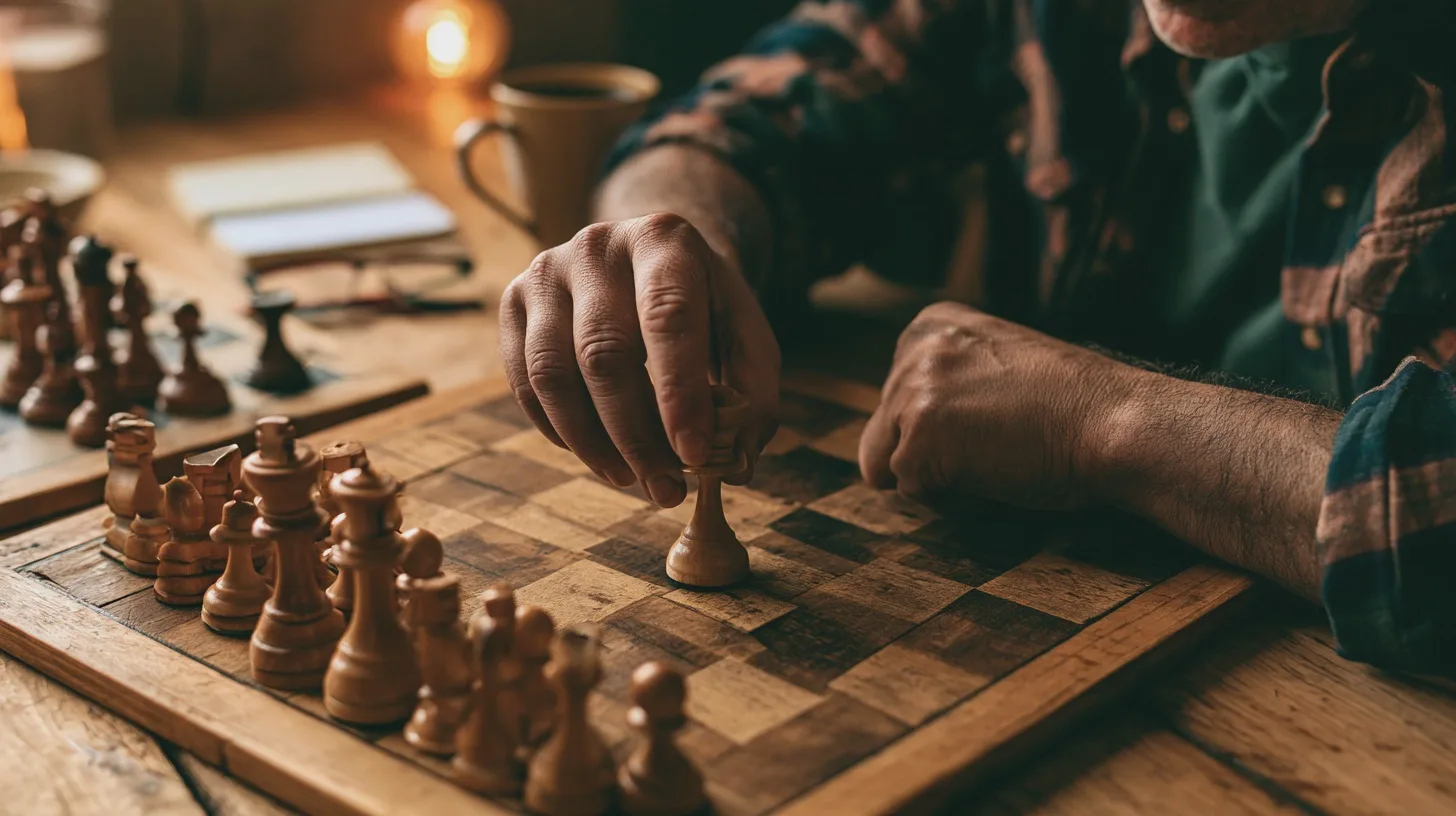 Underhållning: schack, strategiskt spel, brädspelet, hand som flyttar pjäs, träbricka, mysig miljö, fokus, spelare, inomhus aktivitet.