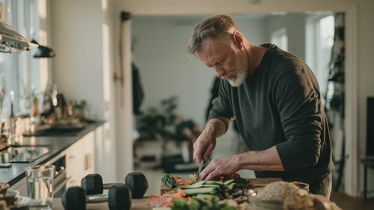 Mat + Hälsosam matlagning, råvaror, man i kök, grönsaker, diet, livsstil, hemmakök, matberedning, träningsvikt, hälsosamma vanor.