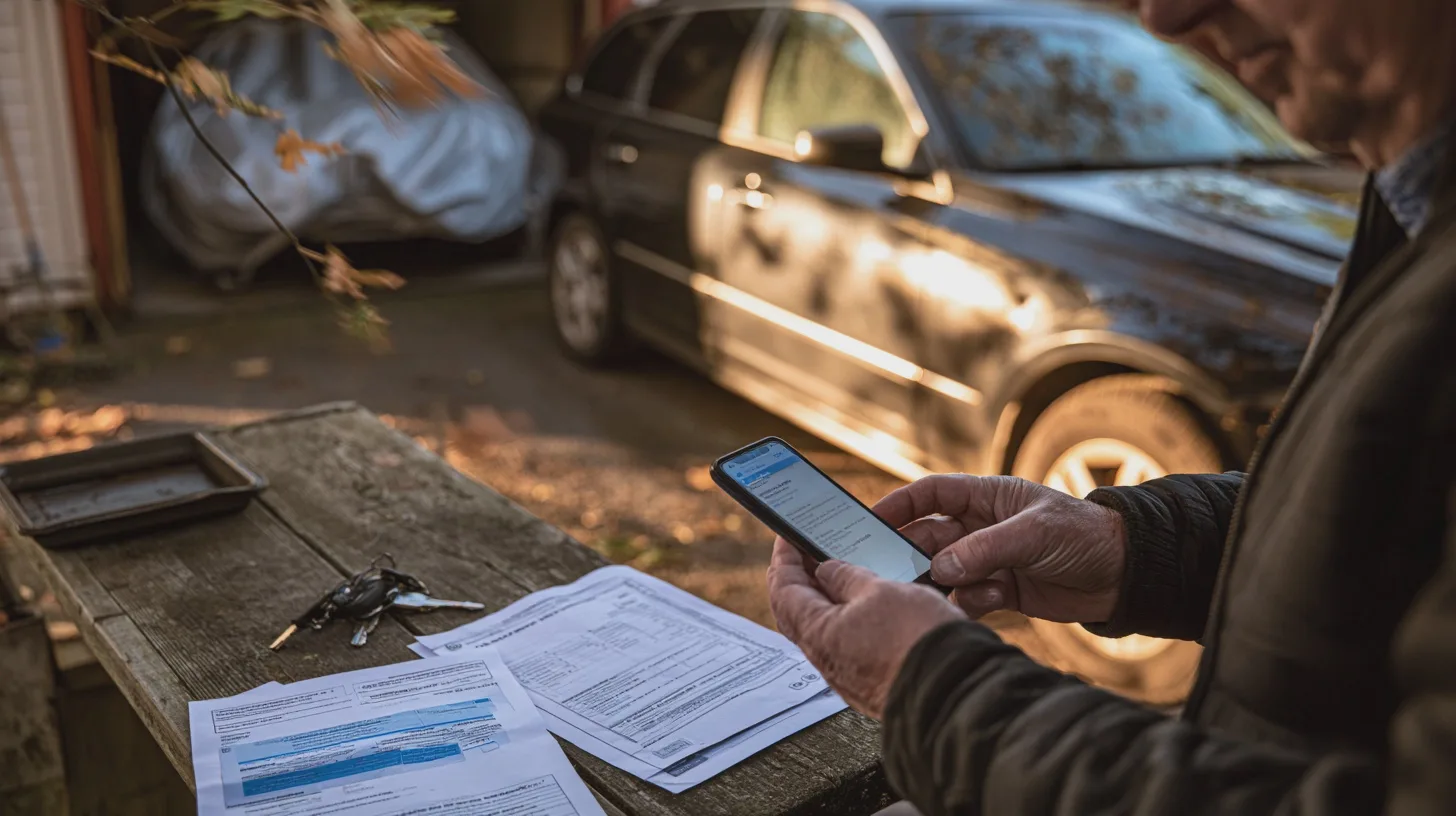 Ekonomi: bilskatter, papper, smartphone, betalningar, bilnycklar, utomhusmiljö, dokument, manlig person, höstlöv, parkering.